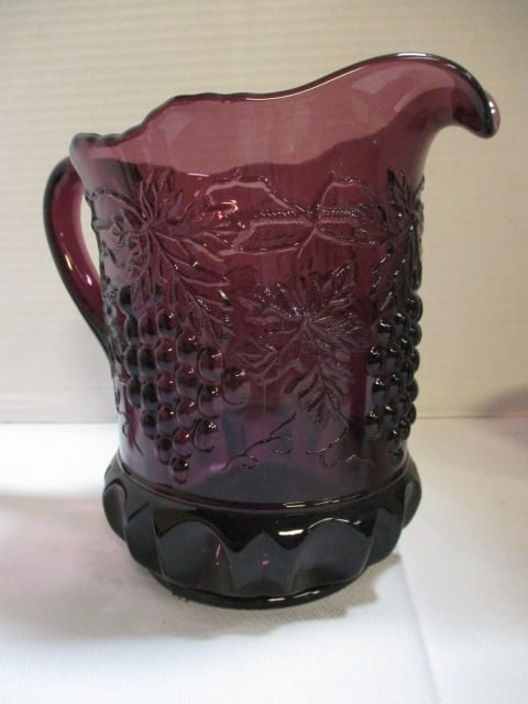 Mosser Glass Grape & Vine Pattern Amethyst Pitcher w/ - 6