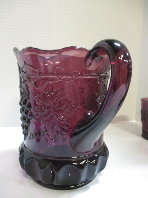 Mosser Glass Grape & Vine Pattern Amethyst Pitcher w/ - 8