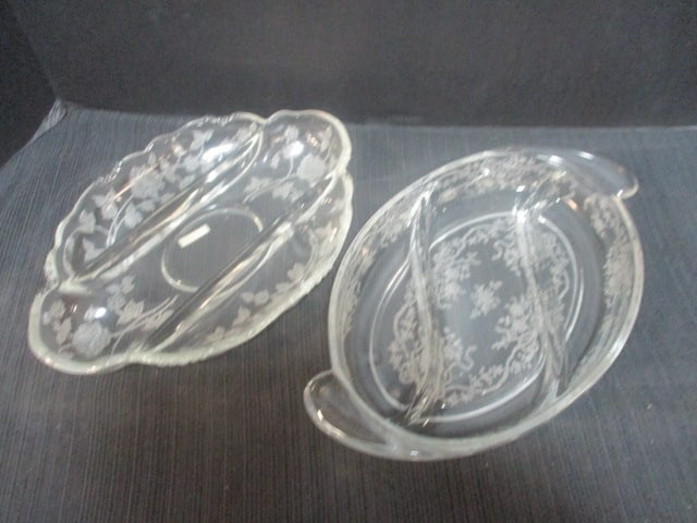 Etched Glass (Lot of 2) Divided Dishes: 1 is Heisey 