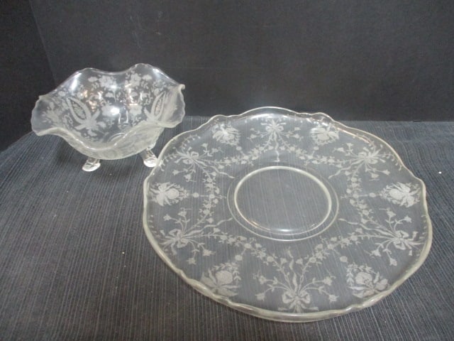 Etched Pattern Serving Plate 10" & Footed Candy Dish: 10" (Plate is Chipped) see all pictures 