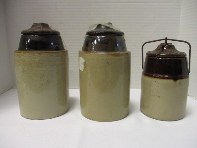 Weir Stoneware (Lot of 3) Crocks: 2 larger one's missing wire hasp 