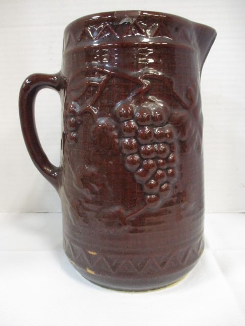 North Star Stoneware Co. Vintage Pitcher: 9 1/2" (raised Grape & Lattice Motif) 