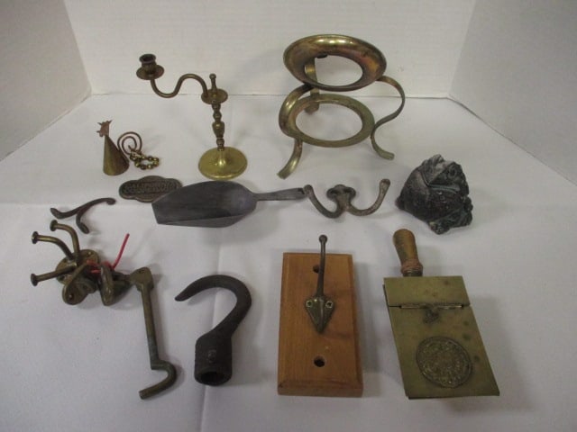 Brass & Metal Grouping-Frog Sculpture, Hooks, etc.: Please preview & see all pics 