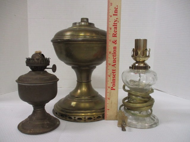 Glass Electric 7" Lamp, 6" Brass Oil Lamp, 9" Brass Oil Lamp - 11