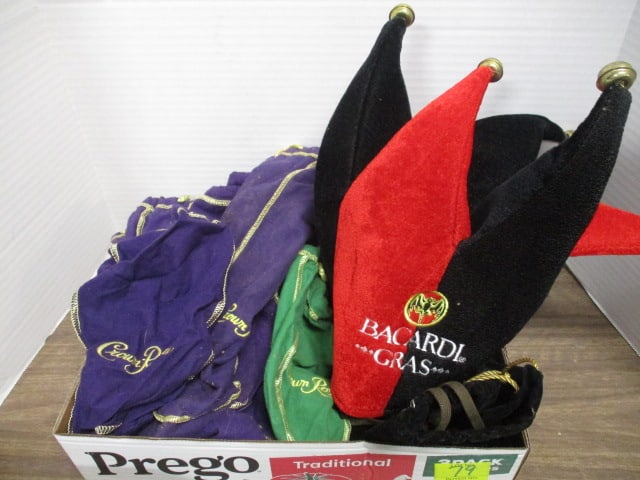Crown Royal, Canadian Club Drawstring Bags & Bacardi Gras Jester Hat: . 
