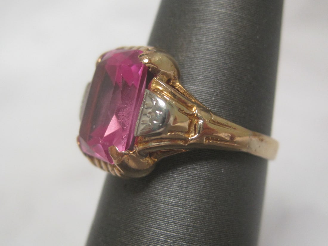 10k Gold Antique Ring with Pink Synthetic Stone - 2
