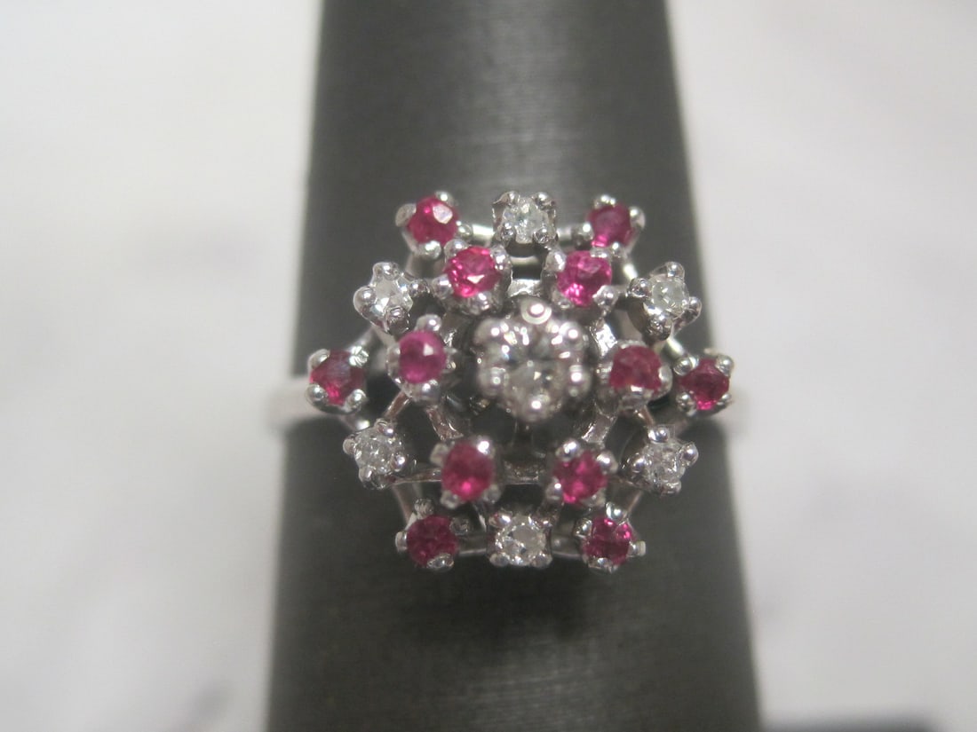 14k White Gold Ruby & Diamond Cluster Ring (1 of 4)