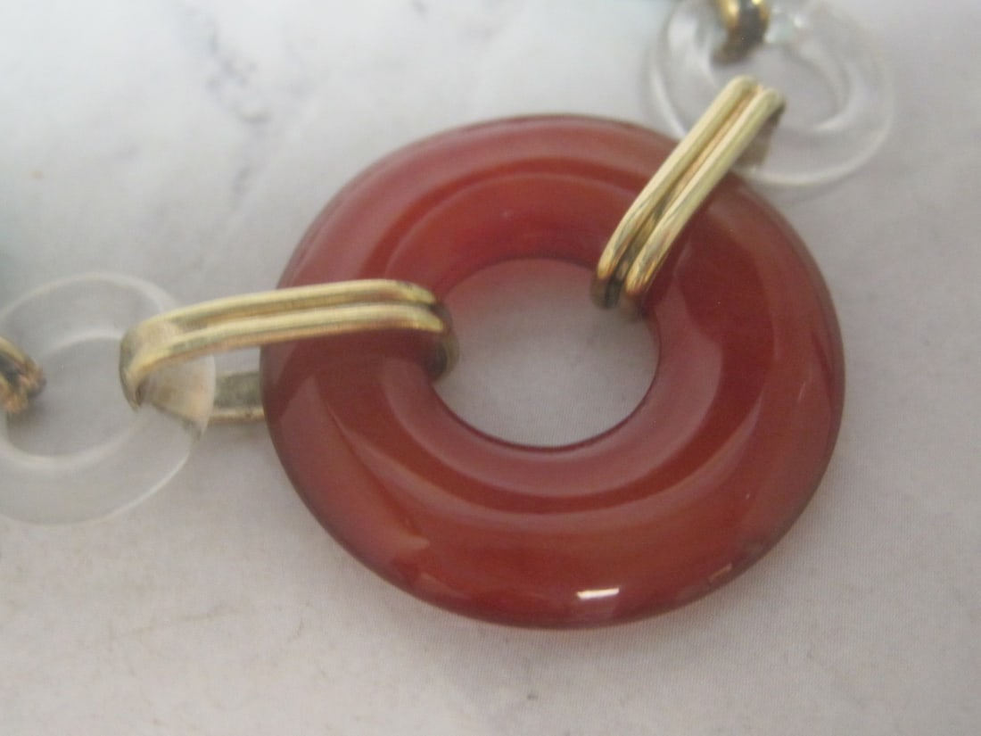 7" 14k Gold Bracelet with Jade, Carnelian, & Onyx Stone Rings - 2