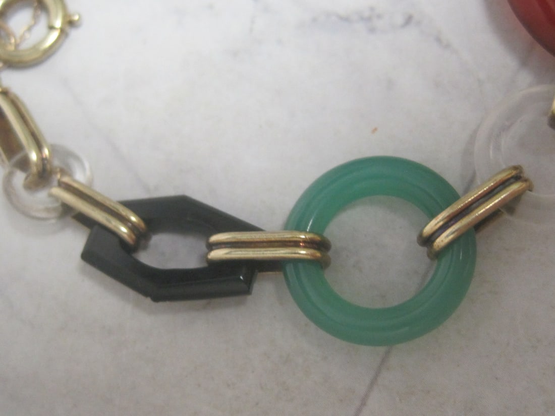 7" 14k Gold Bracelet with Jade, Carnelian, & Onyx Stone Rings - 3