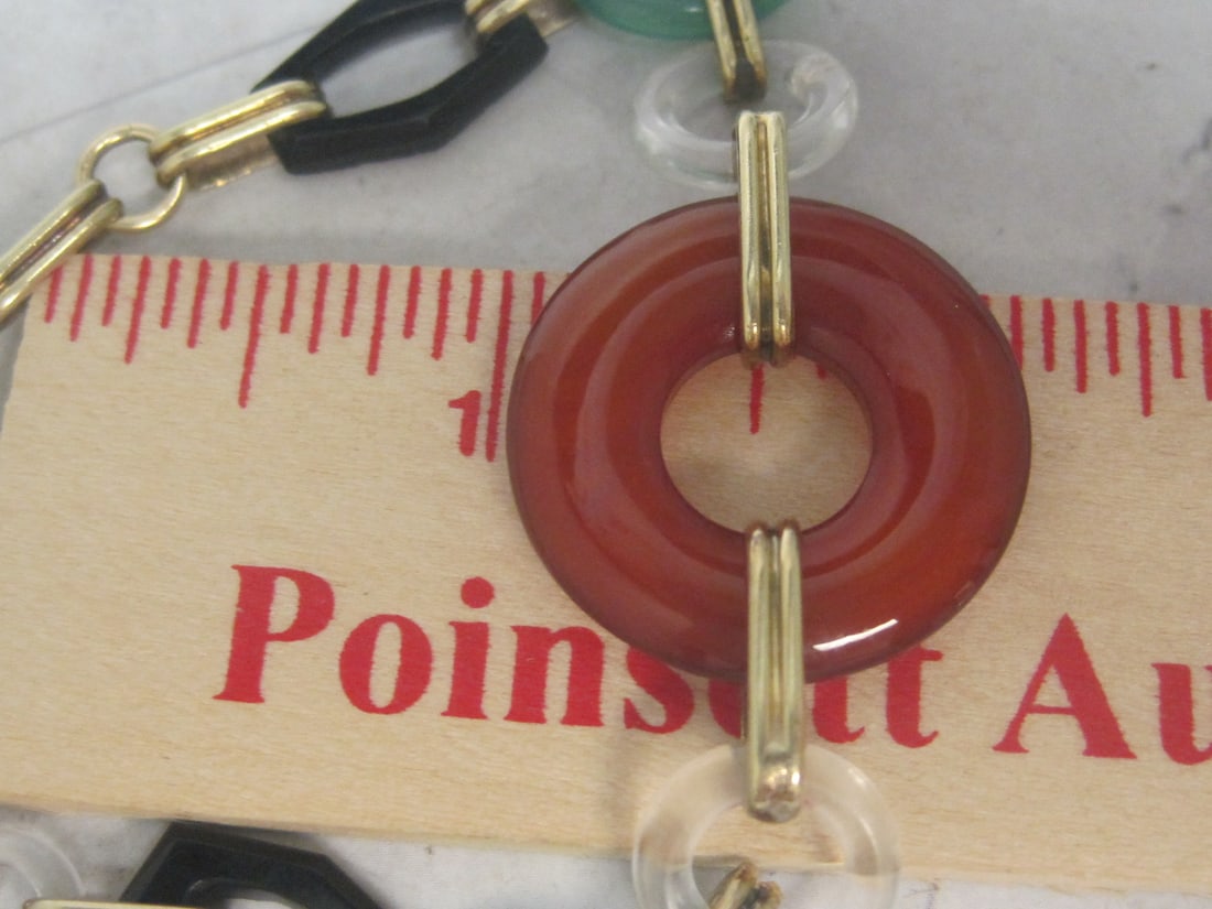 7" 14k Gold Bracelet with Jade, Carnelian, & Onyx Stone Rings - 5