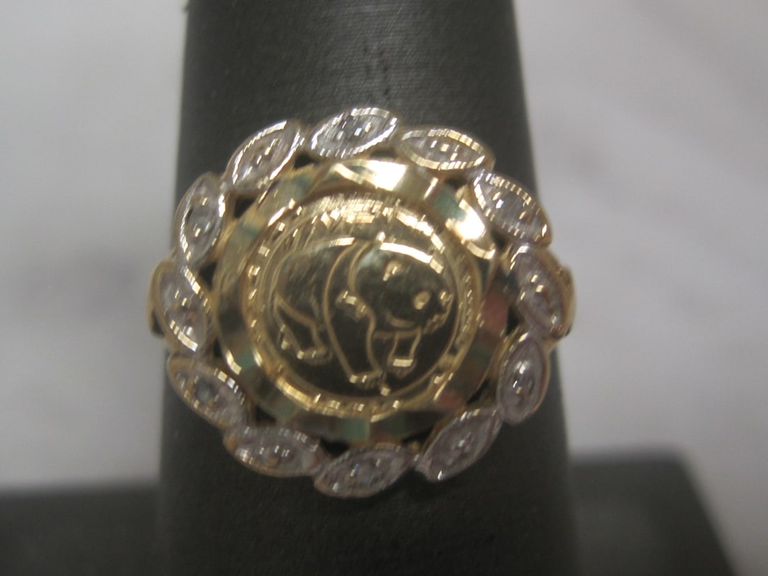10k Gold Ring with a Copy of Gold Panda Coin with Diamond Bezel: Weighs 2.8 grams, Size 8 