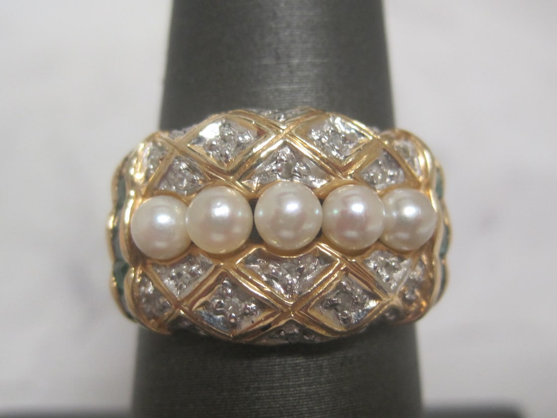 14k Gold Pearl, Diamond, Emerald Ring (1 of 4)