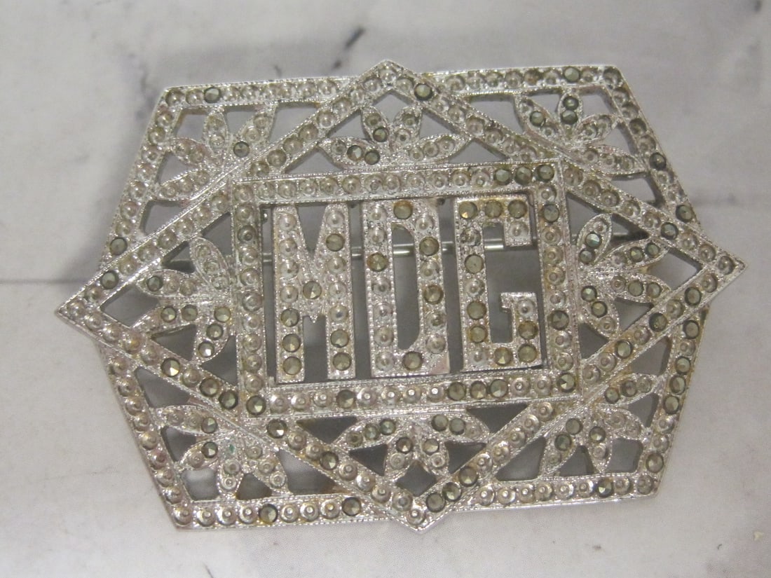 Sterling Silver Antique Marcasite Brooch with Initials "MOG": Weighs 11.9 grams 
