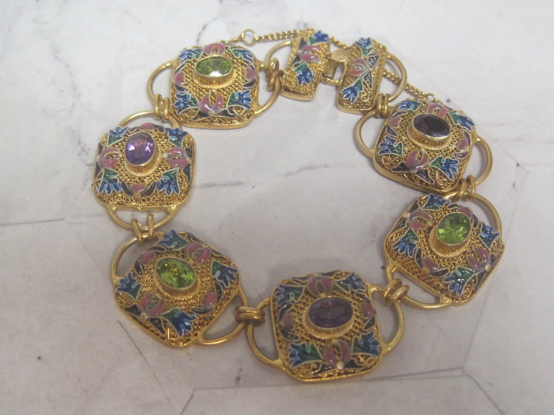 7 1/2" Gold over Sterling Silver Enamel Amethyst & Peridot Bracelet: Weighs 22.7 grams 