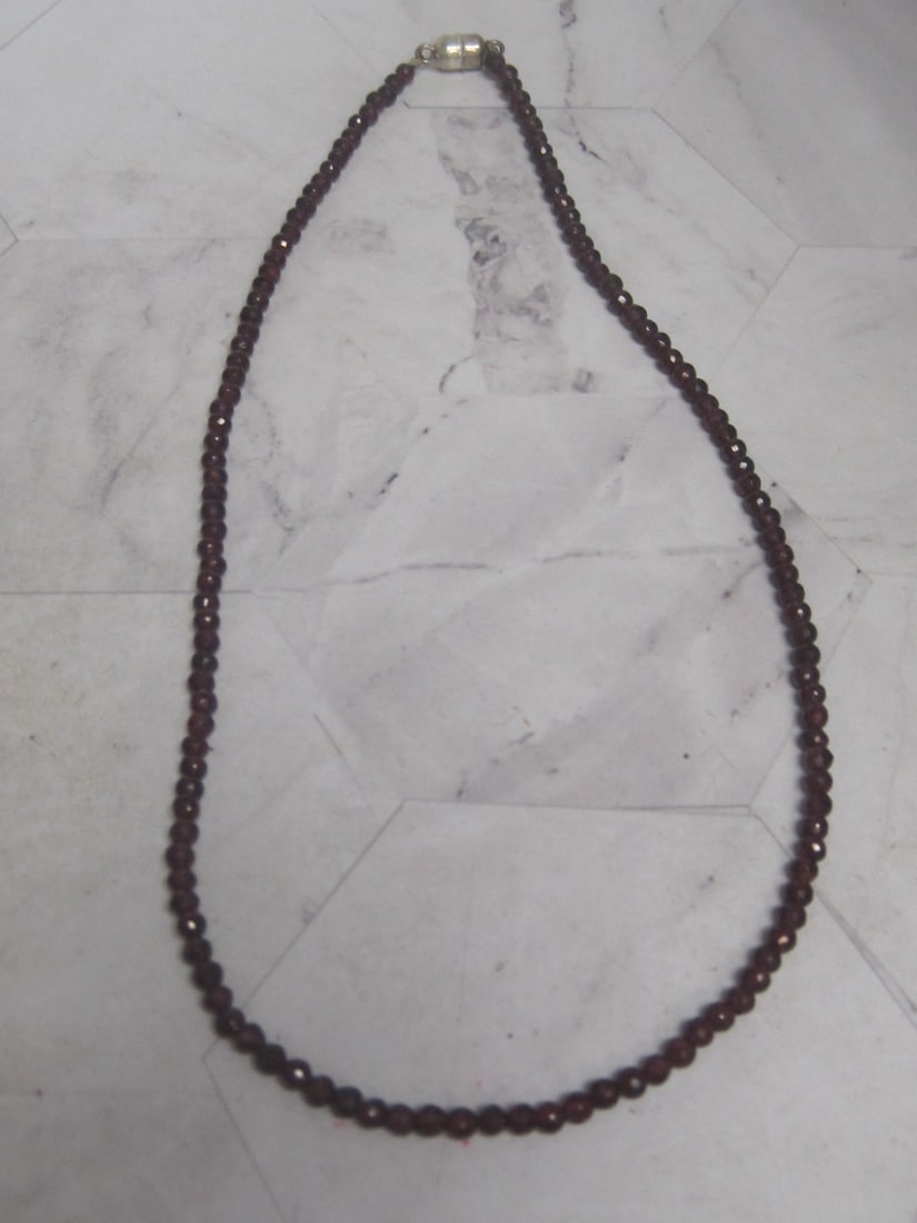 18" Garnet Bead Necklace with Sterling Silver Clasp from India: . 