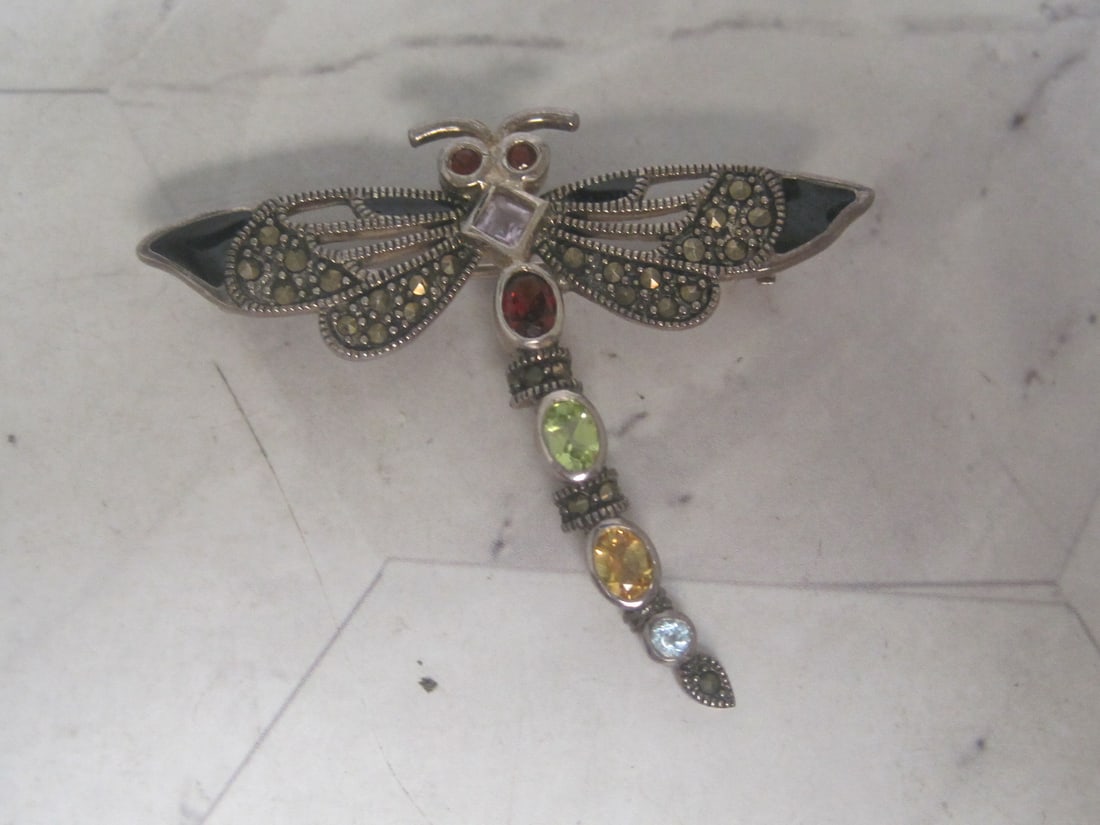Sterling Silver Dragonfly Brooch with Multi-Gemstones (1 of 5)
