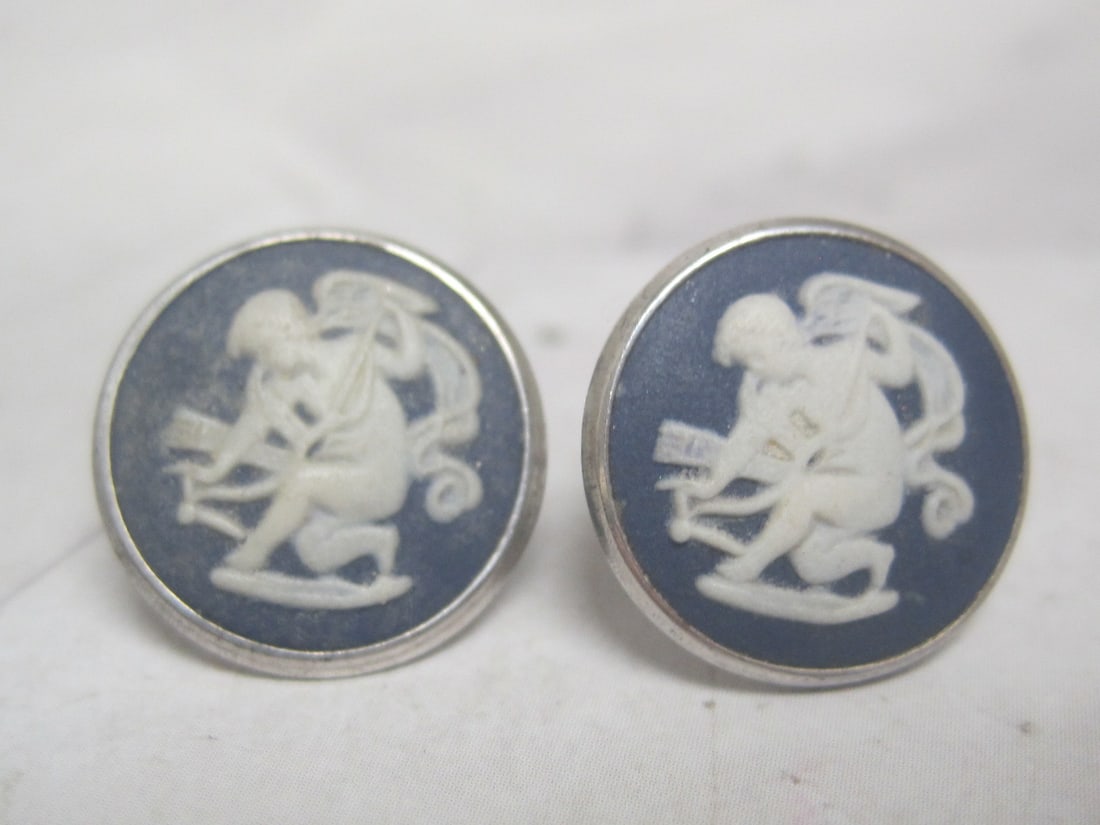 Sterling Silver Blue Jasper Wedgwood Style Pierced Earrings: . 
