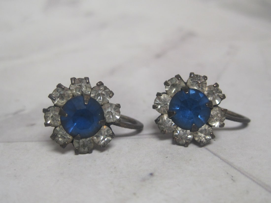 Sterling Silver Antique Screwback Earrings with Blue & CZ Stones: Weighs 2.6 grams 