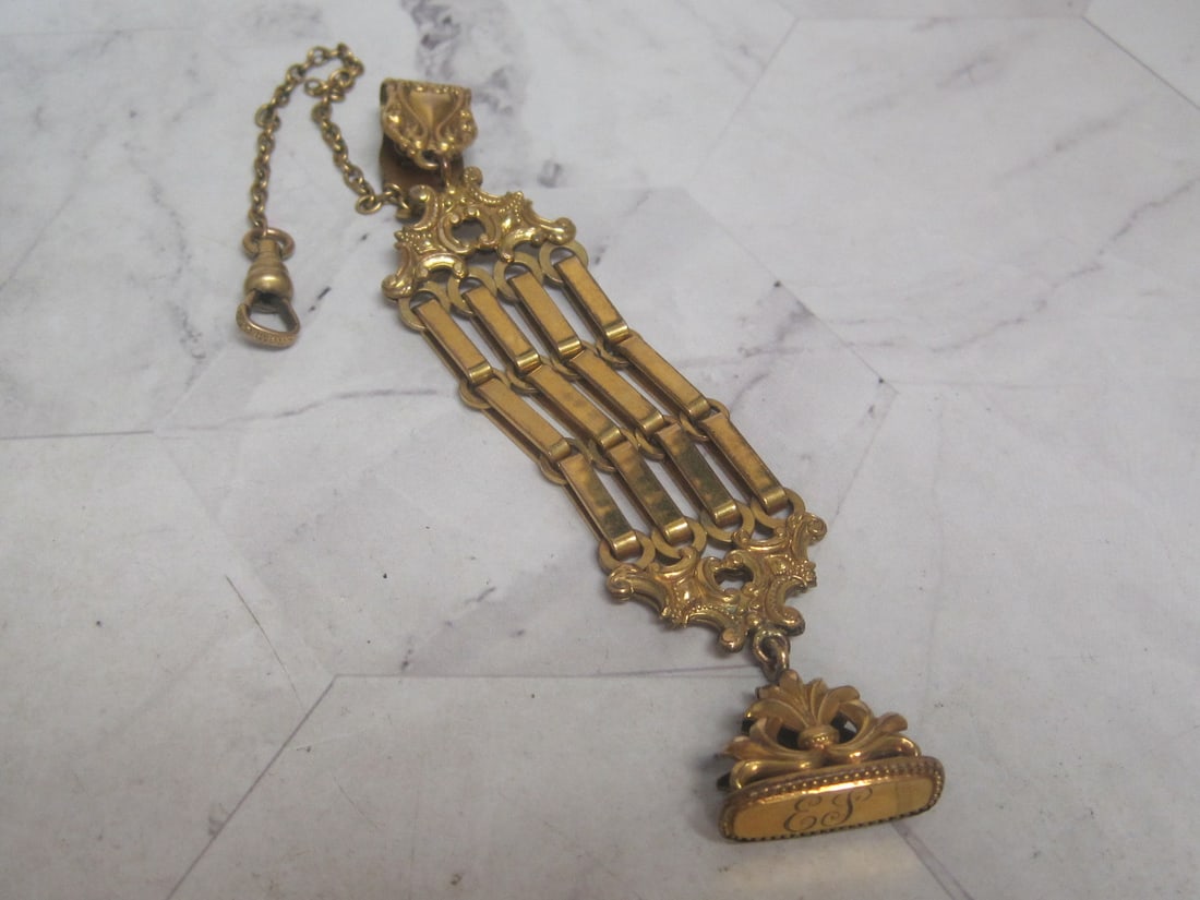 Fin Berg Mfg. Gold Filled Antique Watch Chain Fob: Victorian Era, Engraved with EL Initials