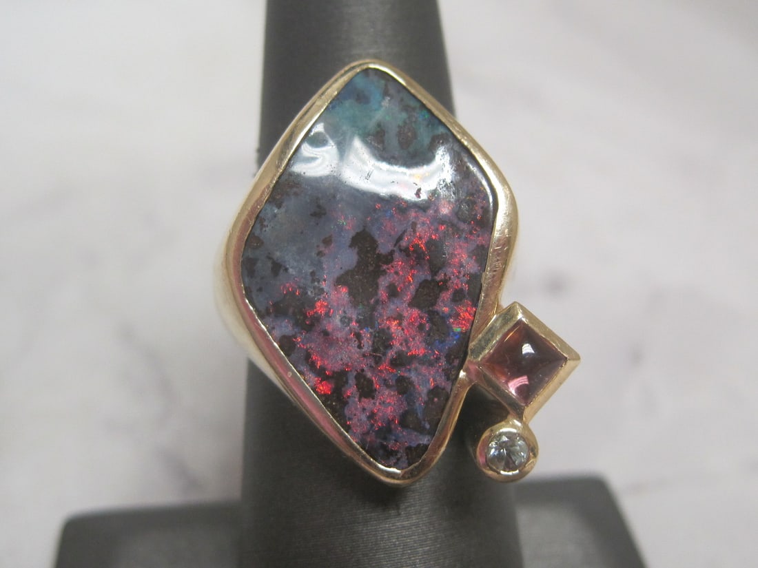 14k Gold Custom Boulder Opal Ring with 2 Small Accent Stones (1 of 5)