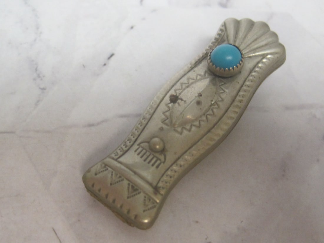 Nickel Silver Nail File End with 2 Turquoise Stones: Weighs 17.7 grams 