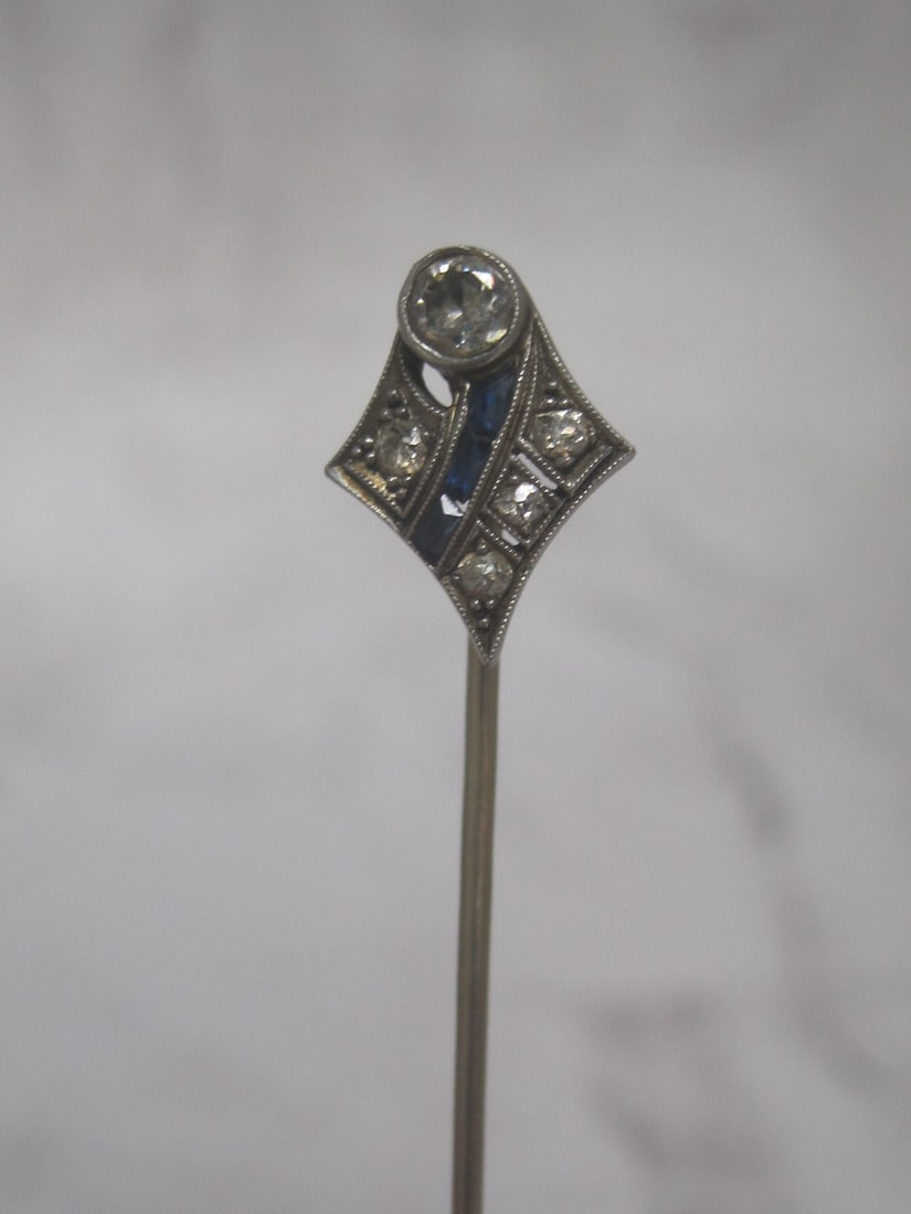 Beautiful Antique 14k White Gold Diamond & Sapphire Stick Pin: Weighs 1.9 grams 