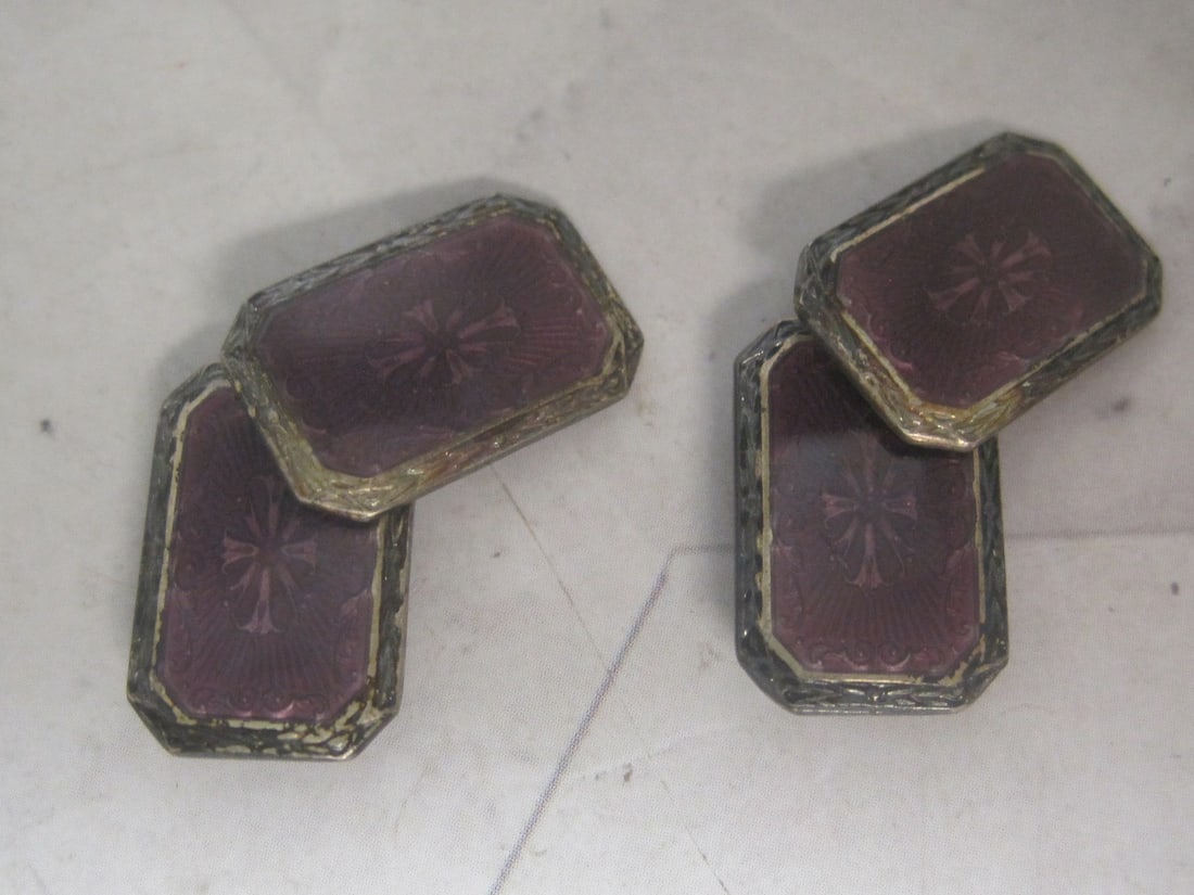 Antique Set of Sterling Silver Cufflinks with Purple Enameling (1 of 4)