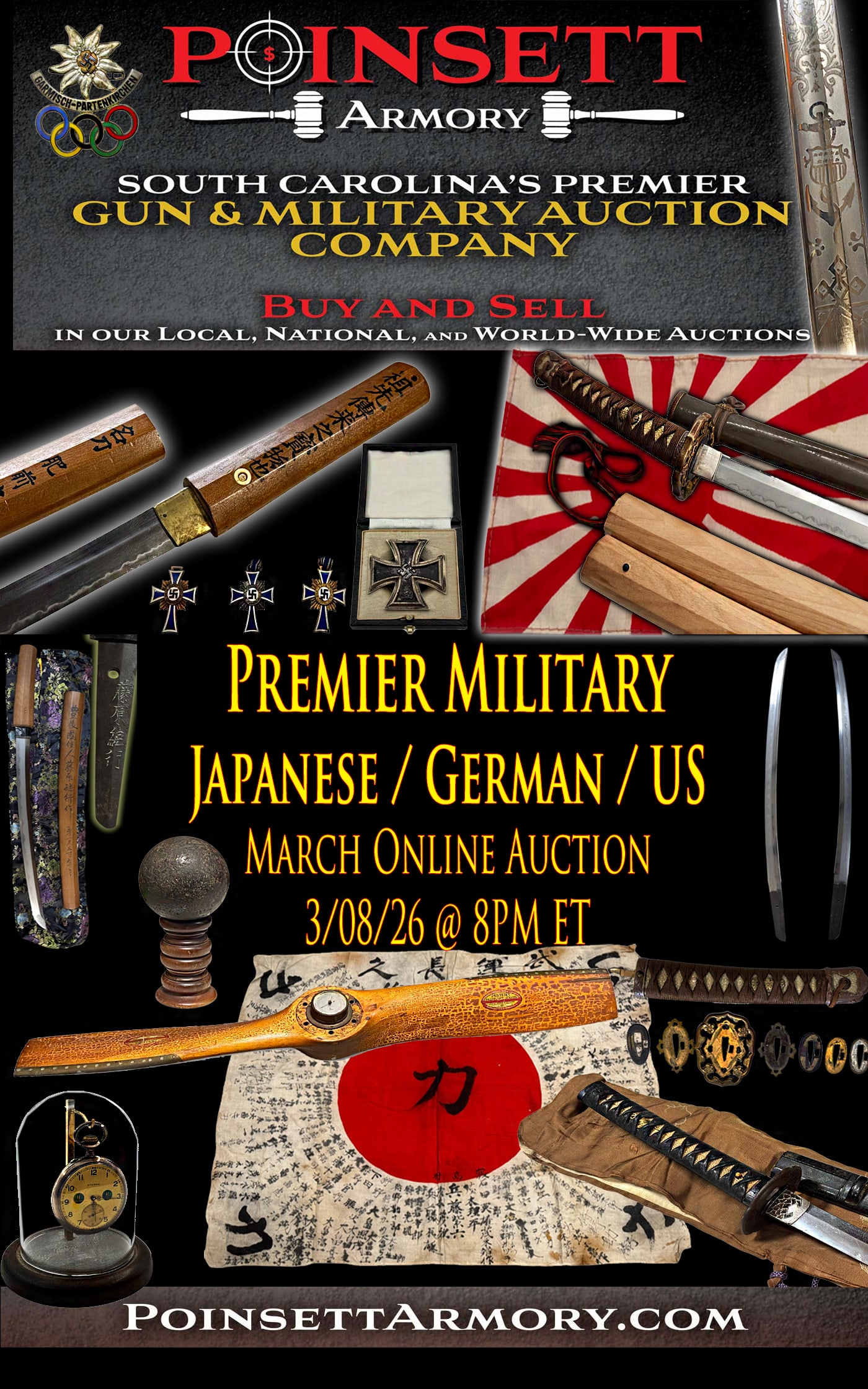 Check out our Military Auction full of Japanese and German Collectibles!: Our Premier Military Auction showcases an exceptional array of historic collectibles spanning from the Civil War through the Vietnam era, with a strong emphasis on World War I and World War II