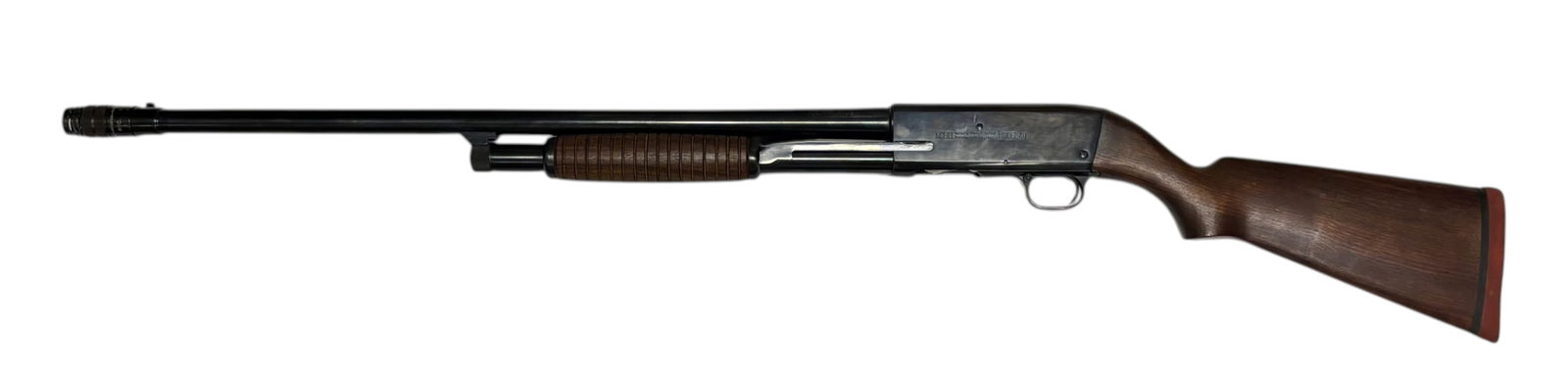 Excellent Noble Model 40 12 GA. Pump Action Shotgun with Multi-Choke: S#: NSN | 28" Barrel with multi-choke attached at the end of the barrel | 2-3/4" chamber | Nice Noshoc rubber recoil pad |||| CONDITION: Excellent. 98% original gloss blue finish with some scratches a