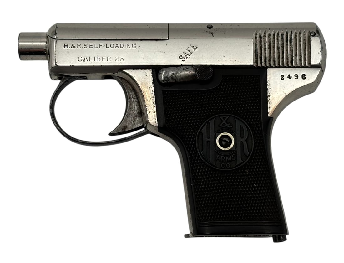 RARE Low Serial Harrington and Richardson Self Loading Type II .25 ACP Pistol in Rare Nickel Finish: S#: 2496 | Comes with (1) Magazine | "HARRINGTON & RICHARDSON ARMS CO. WORCHESTER, MASS.. U.S.A. PAT AUG 20, 1907. APRIL 13, 1909.". The Nickel Finish is Really Rare. They Only Made 20,000 of These