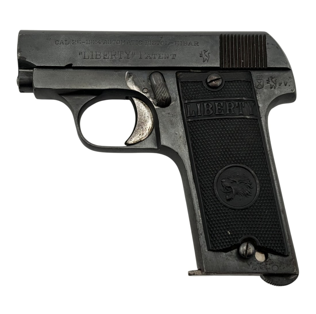 Low Serial Number 1924 Retolaza Hermanos Liberty 6.35mm Semi-Automatic Pistol: S#: 15 | Comes with (1) Magazine | Has Eibar Proof Stamp. | Left Side Grip is Chipped |||| Condition Very Good. Pistol Retains 80% of Original Blue Finish. Presents minor Wear. Bore is Excellent.