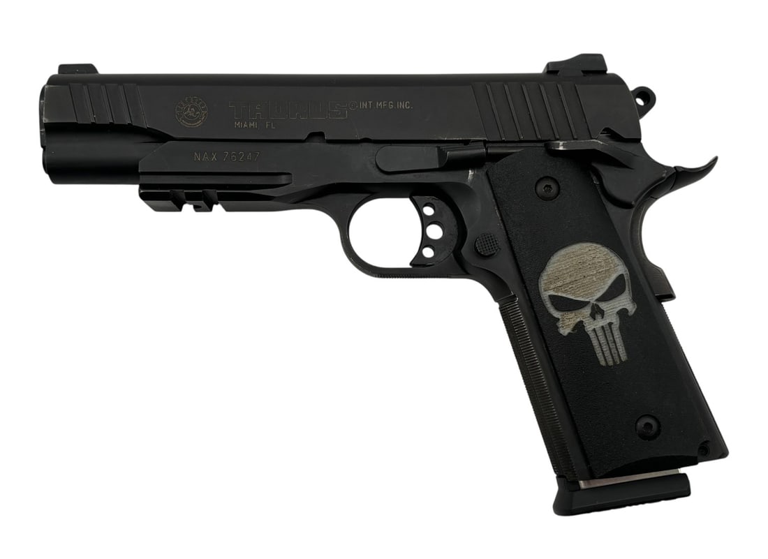 Taurus PT 1911 AR .45 ACP Pistol with Wilson Combat Magazine and Punisher Grips: S#: NAX76247 | Comes with (1) 8rd Wilson Combat Magazine |||| CONDITION: Very Good. Pistol Retains 99% of Original Matte Black Finish. Bore is Excellent. Mechanically Functions. See Photos. ||||| FFL