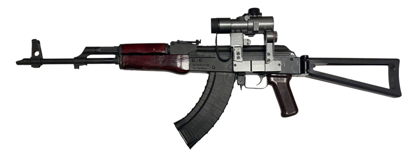 Excellent Romanian GP/WASR-10/63 Romarm 7.62x39 Semi-Automatic AK47 Rifle with Optic: S#: HV0321 | 16" Barrel | Nice Manticore steel folding stock | Beautiful red wood hand guard and Bakelite pistol grip | Equipped with a high quality TPD SD1x30 Dragunov-style red-dot optic | Comes