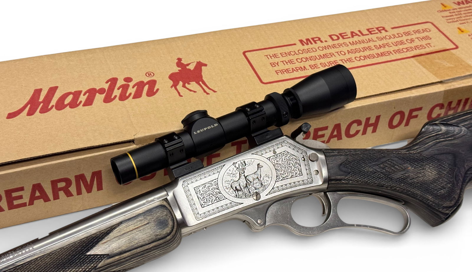 LNIB Marlin Model 336XLR .30-30 WIN. Lever Action Rifle NRA Edition with Leupold Scope: S#: 94216238 | 24" JM-marked Barrel | Equipped with a Leupold VX II 1-4x20mm scope | Has a nice hooded blade front sight and also comes with the original rear sight that was on the gun | Equipped