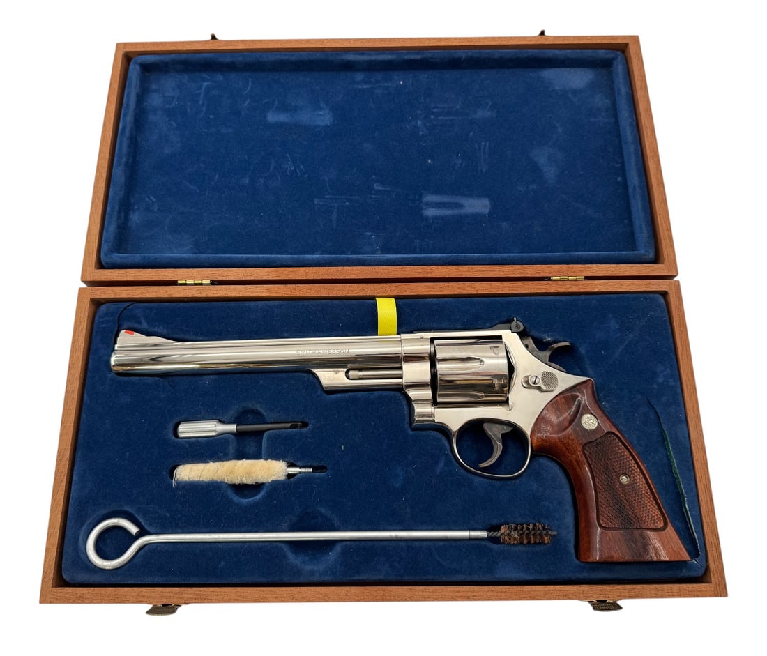 Excellent 1977 Smith & Wesson Model 29-2 .44 MAG. 8-3/8" Nickel Revolver in Presentation Case: S#: N441819, mfg. 1977 | 8-3/8" Barrel | 6-Shot DA | 3T configuration with case-hardened target hammer and trigger, with adjustable sight | Beautiful nickel polish revolver | Beautiful Goncolo Alves