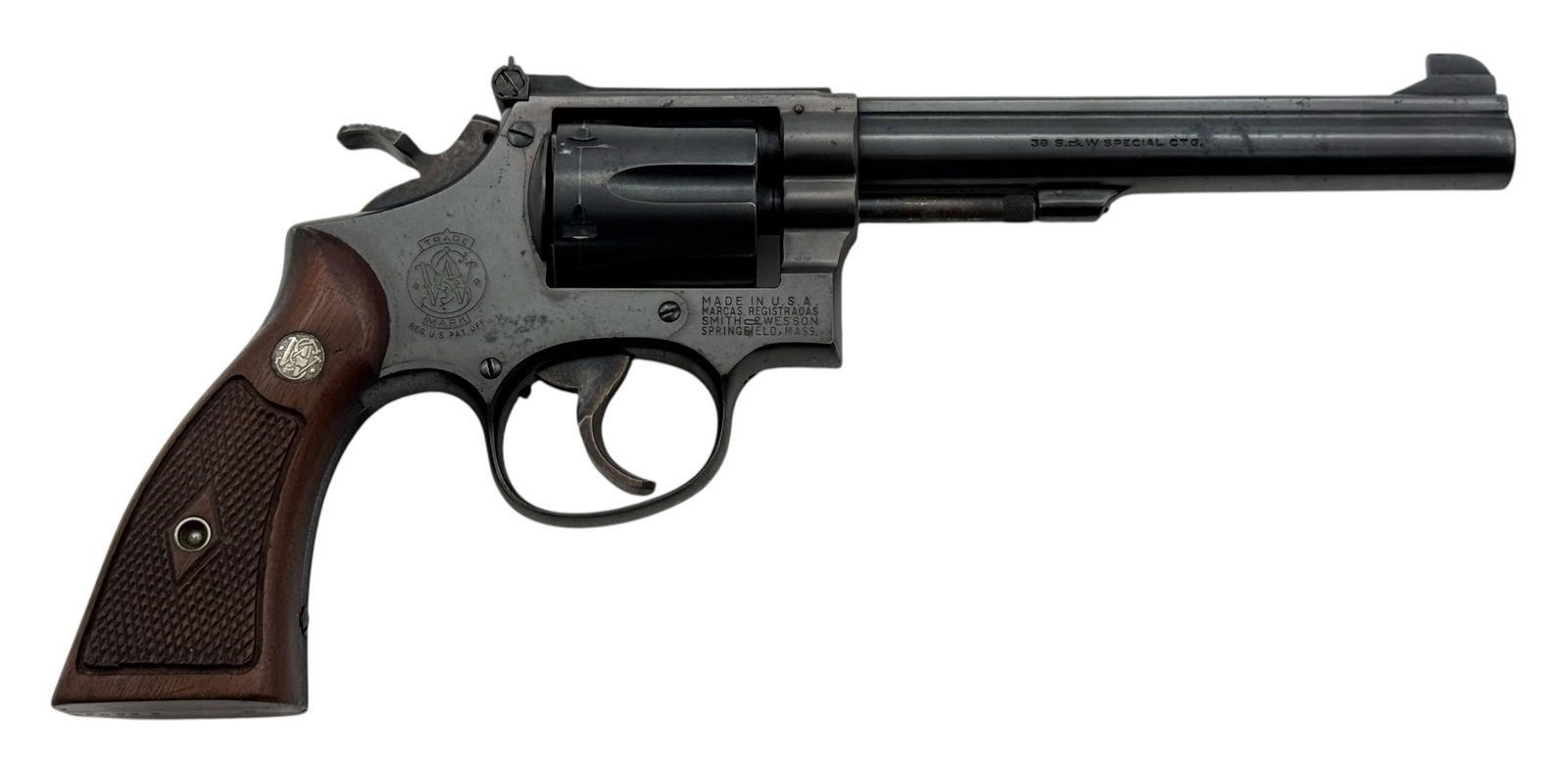 Excellent Smith & Wesson Model K-38 Masterpiece .38 SPL. Revolver: S#: K226093, matches on frame, cylinder and barrel | 6" Pinned Barrel | 3T configuration with target trigger, hammer and adjustable sight | Equipped with a tall target front sight | Nice beautiful
