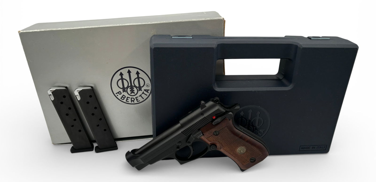 NIB 1995 Beretta Model 85F Cheetah .380 ACP Semi-Automatic Pistol with Wood Grips: S#: F26995Y, mfg. 1995 | Production Code: P08539F | Model 85F210 | Date Code: BF | Comes in factory box with matching label | Includes outer cardboard shell and hard case, factory manual, cleaning