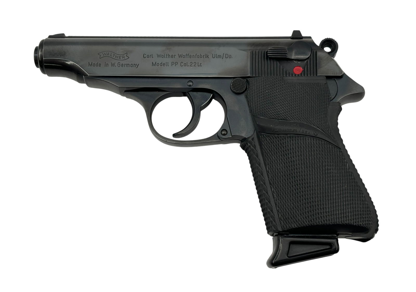 Excellent 1978 West German Walther Model PP .22 LR Semi-Automatic Pistol: S#: 45947LR | Date Code: HI | Proof stamps of Eagle/N on right side frame, slide and barrel | Comes with (1) magazine with fingertip extension and equipped with nice wide rubber Pachmayr grips | This