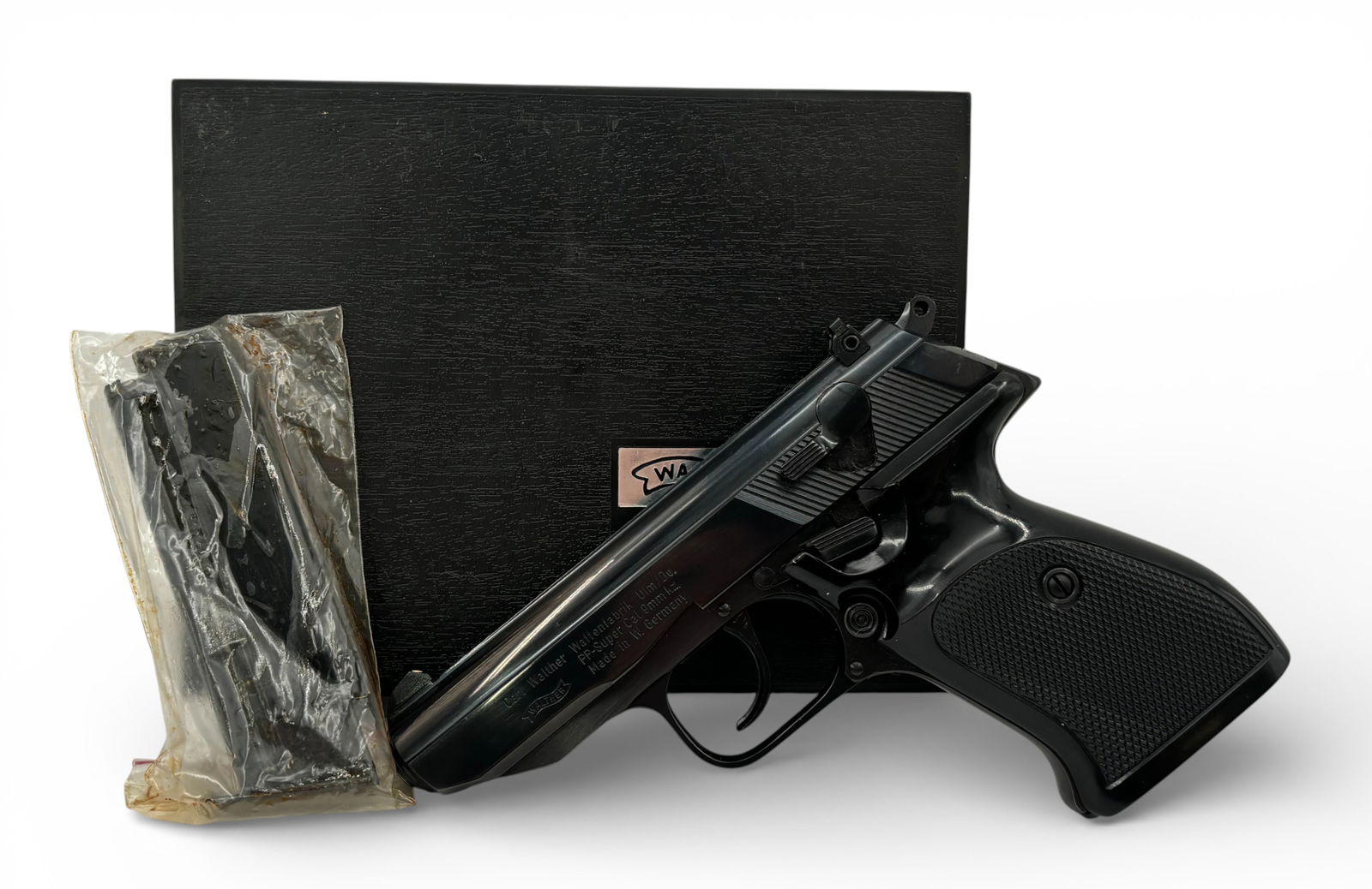 NIB RARE 1978 West German Walther Model PP-Super .380 ACP Semi-Automatic Pistol: S#: 100270, mfg. 1978 | Date Code: HI | Catalog No. WAP14491 | Comes in factory black hard case with matching label, manual, cleaning rod and (2) magazines | Very nice hard-to-find complete Walther