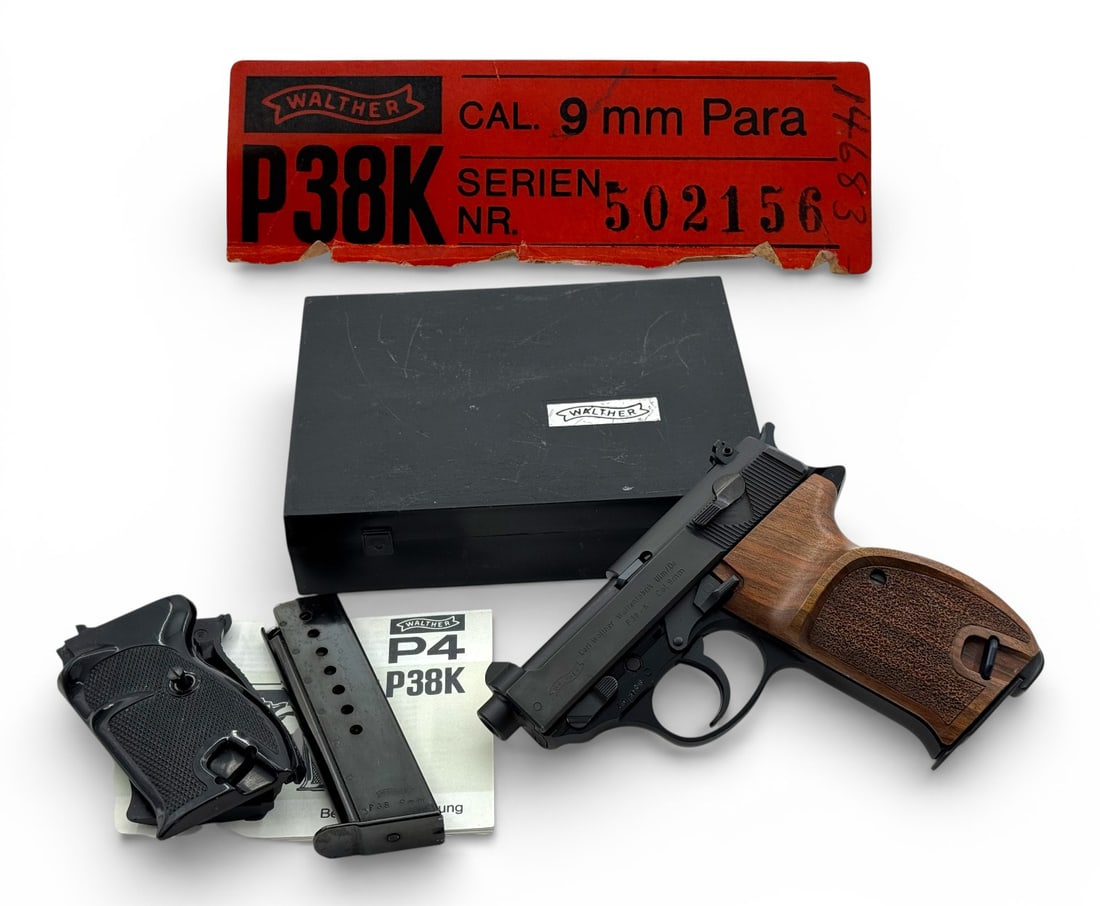 NIB RARE 1979 Walther P38-K 9mm Semi-Automatic Pistol: S#: 502156, matching on frame and slide | Date Code: HK, mfg. 1979 | Comes in factory plastic hard case with matching label, manual, (2) magazines and an extra pair of grips |||| CONDITION: New in