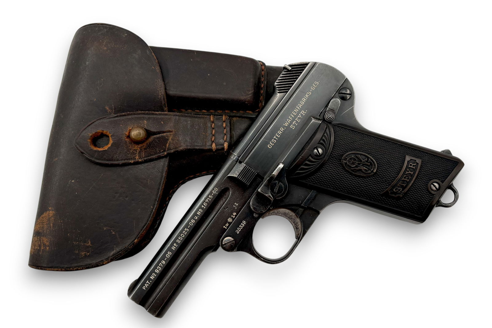RARE UNIQUE Pre-WWI Steyr M1908 .32 ACP Military Police / German SS Pistol with Holster: S#: 25339 | This Pistol has an interesting history behind it starting off as a Pre-WWI pistol that was accepted by LandWehr in 1914 | The Military acceptance marks are not common | Another stamp that