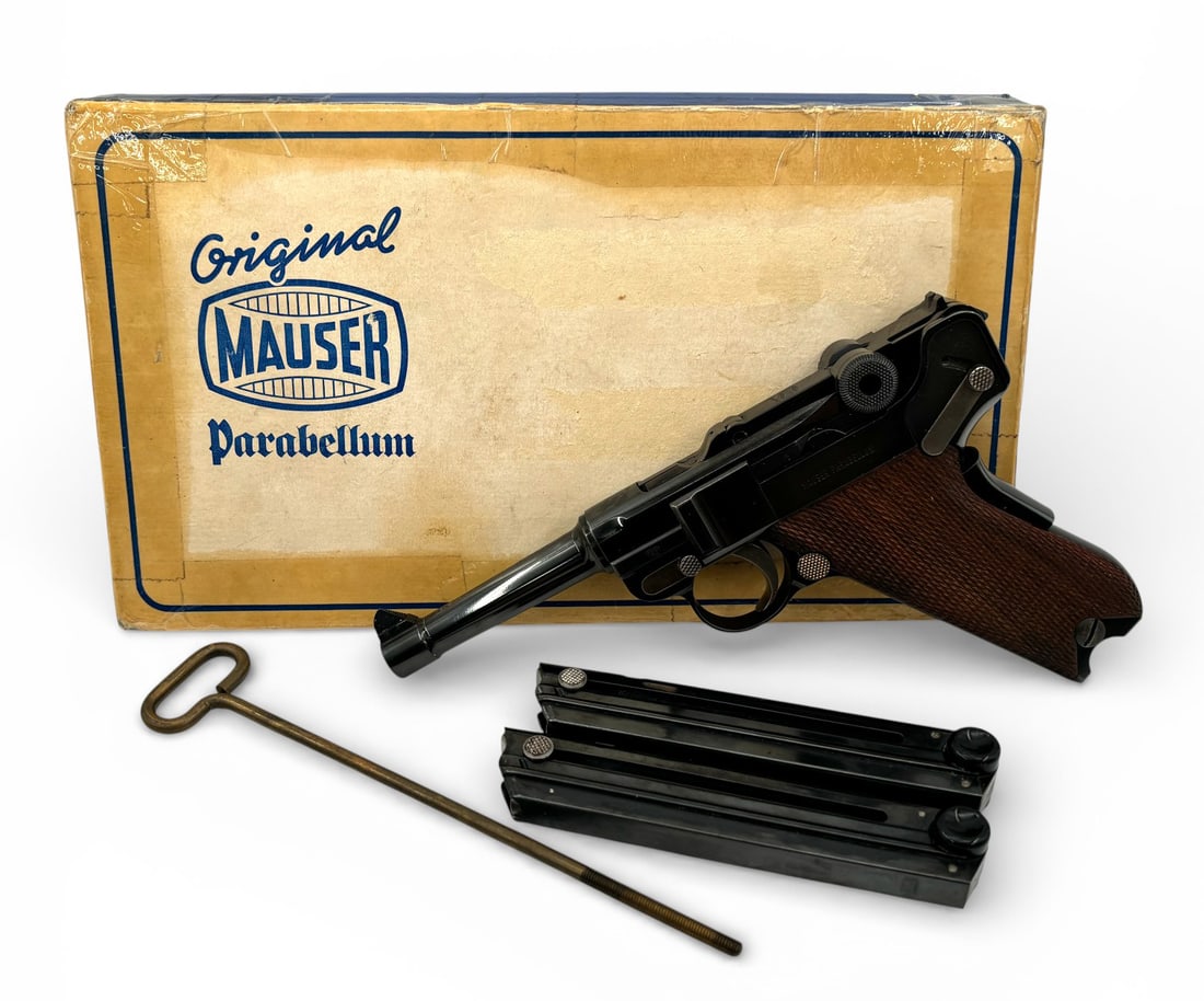 NIB 1972 Mauser Parabellum Original Luger 9MM Semi-Automatic Pistol with Matching Box and Extras: S#: 11. 008334 | Comes with (2) Magazines, Cleaning Rod, Mauser Tag, and Original Box. |||| CONDITION: New in Box. Bore is Excellent. Mechanically Functions. See Photos.||||| FFL CLASS: C&R 