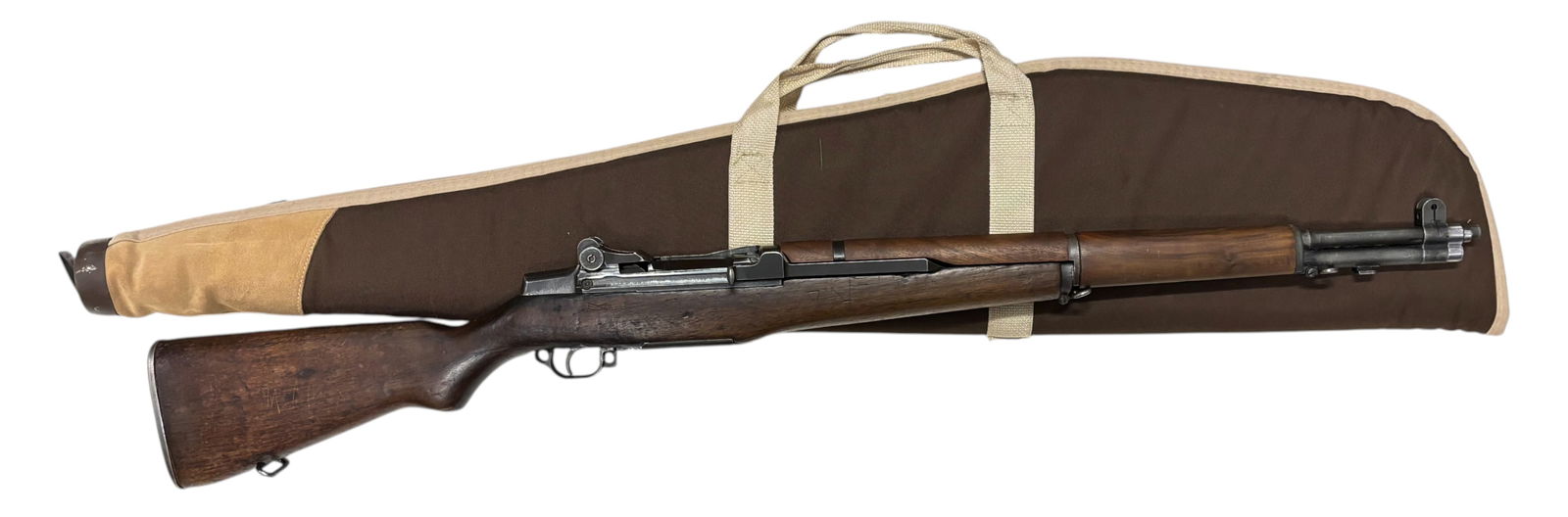 WWII 1942 Winchester M1 Garand .30-06 SPRG. Semi-Automatic Battle Rifle in Case: S#: 1224347 | 24" Barrel | Faint cartouche on left side of the stock, barely visible and hard to make out | Faint P stamp on underside of pistol grip | 6555 visible on right side of stock for some