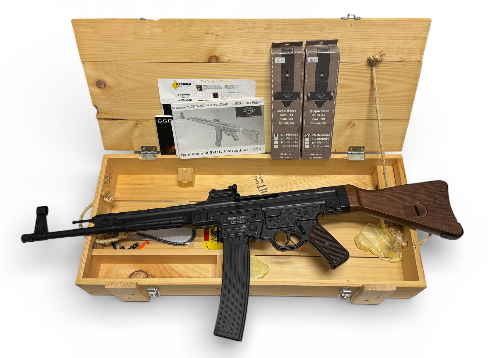 NIB American Tactical GSG-STG44 .22 LR Semi-Automatic Rifle in Crate with Extras: S#: A507566 | Date Code: DE | 16.5" Barrel | Comes brand new in the factory wooden case with nice German eagle lasered on the top | Comes with (3) 25rd. magazines and the stock | Comes with all the