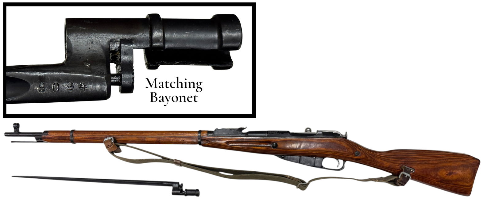 Excellent Early RARE 1934 Russian Tula M91/30 Mosin-Nagant 7.62x54R Rifle with MATCHING Bayonet: S#: 9094, matching on receiver, bolt, magazine plate, butt plate and bayonet | Comes with a nice Russian sling and cleaning rod. Comes with a socket bayonet with matching serial number of 9094 | The