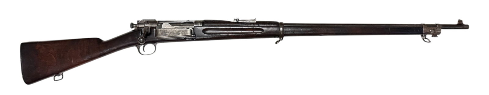 Early Antique 1895 US Springfield Amory Model 1894 .30-40 Krag-Jorgenson Bolt Action Rifle: S#: 4379, mfg. 1895 | 30" Barrel | Looks to be in original configuration with correct furniture, U-marked barrel band |||| CONDITION: Very good. 30% darkened blue finish with thinning appearance on me