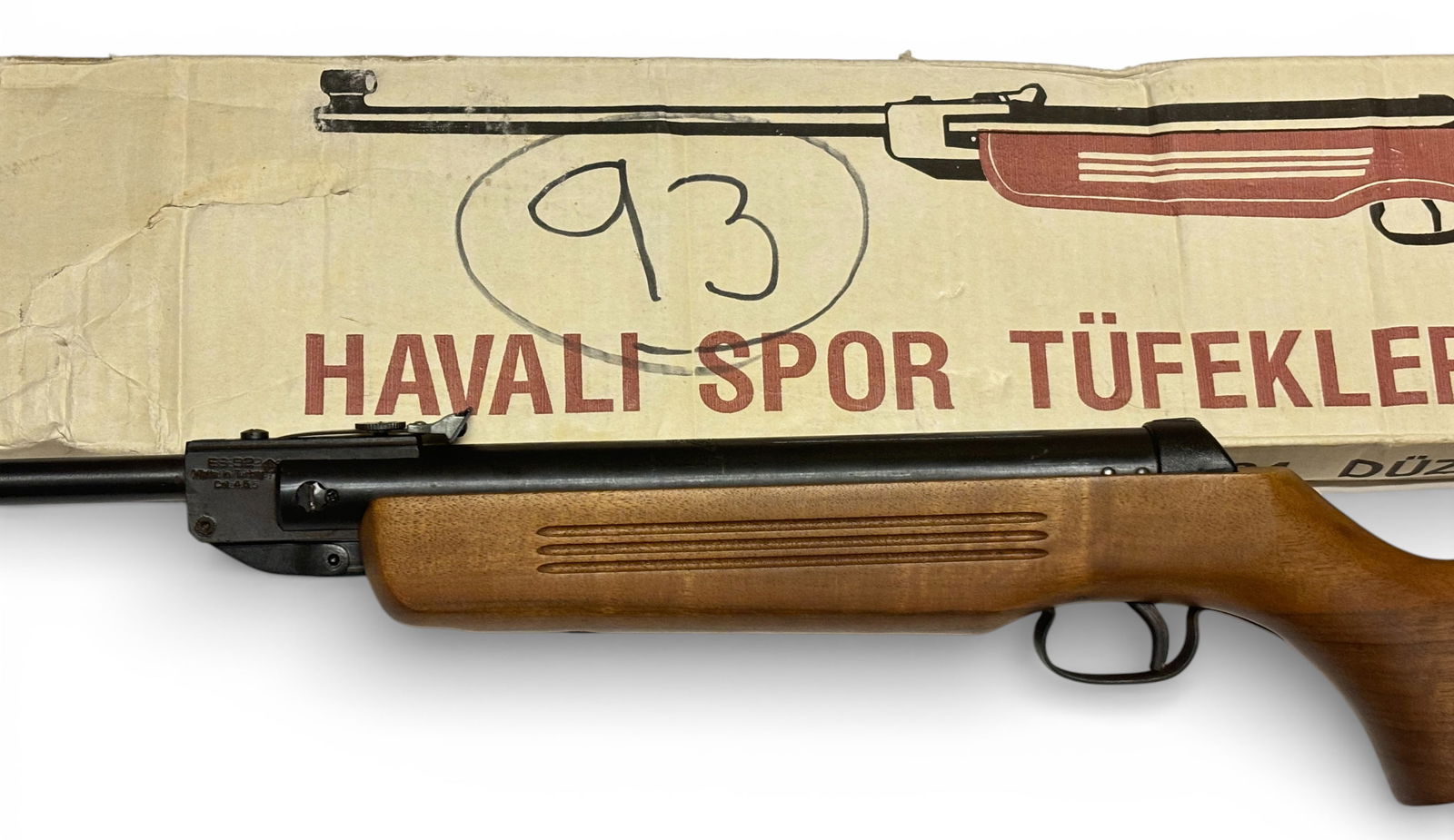 LNIB Eser Havali Spor Tufekleri Model ES 92 4.5 Cal. Turkish Air Rifle: This nice quality made Turkish air rifle is in excellent condition with beautiful wood stock and nice blue finish. Mechanically functions. Comes in original box with minor storage wear ||||| FFL