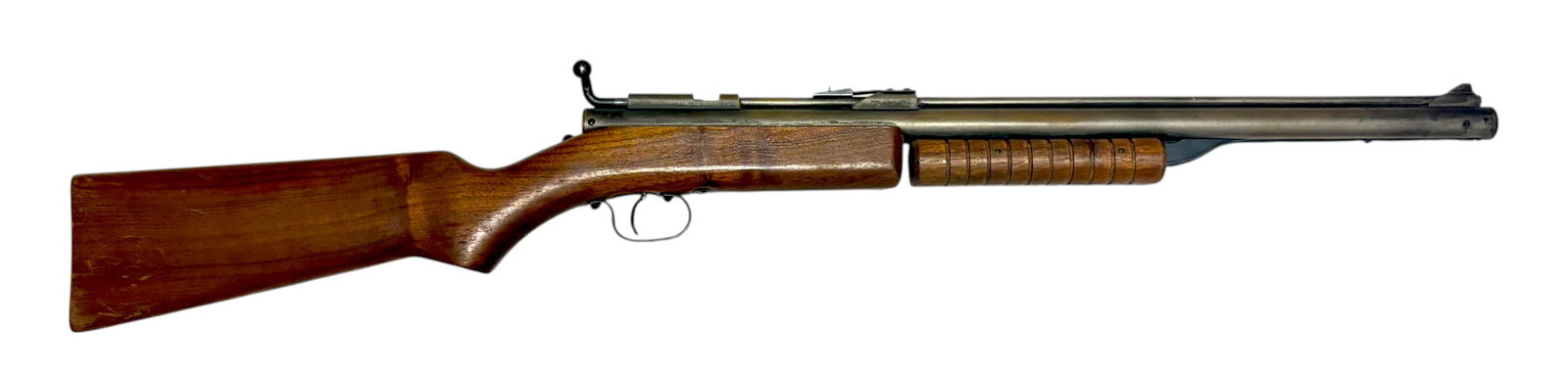 Benjamin Franklin Model 347 .177 CAL. Pump Action Air Rifle: S#: T91620 | Made in the USA | This is a vintage pump action air rifle | Seems to mechanically function. Seems to build compression, but untested otherwise. Worn finish on barrel. Wood stock is good a