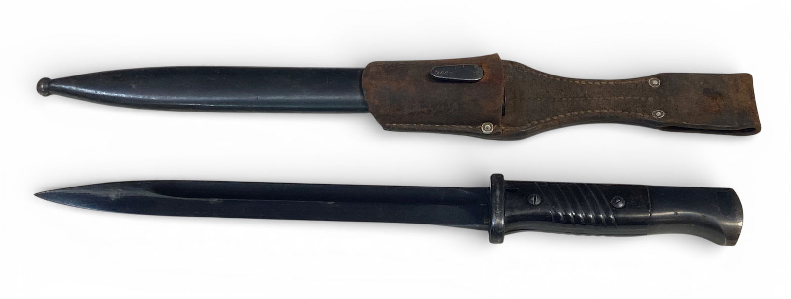 Original German WWII 1941 Nazi K98 Bayonet with Scabbard & Frog: 15” overall length, 9.75” blade. Matching Numbers stamped into the guard and hook on scabbard. 