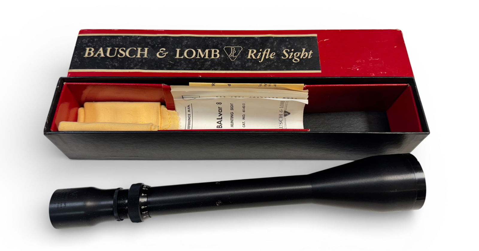 NIB Vintage Bausch & Lomb BALvar 8 Hunting Rifle Scope: In the Original Box with Papers. CAT. NO. 61-42-13 | Shows some minor storage wear.